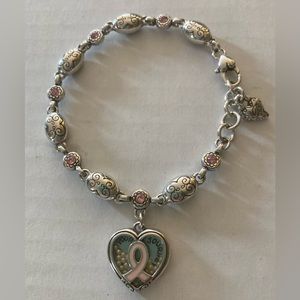 BRIGHTON Love Heals Silver Tone, Pink & Faux Pearl Heart Box Bracelet